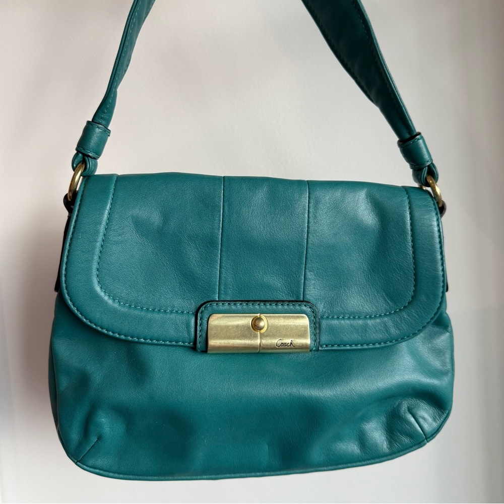 Coach Teal Shoulder Purse with Gold Closure - perfect condition!!